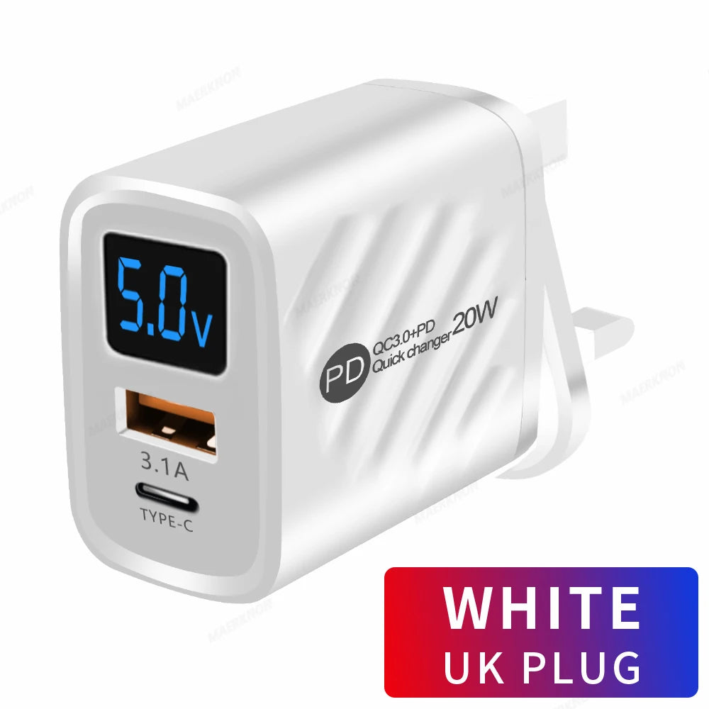 Cargador Pared USB Tipo C PD 20W Carga Rápida con Pantalla Digital para iPhone/Samsung/Xiaomi