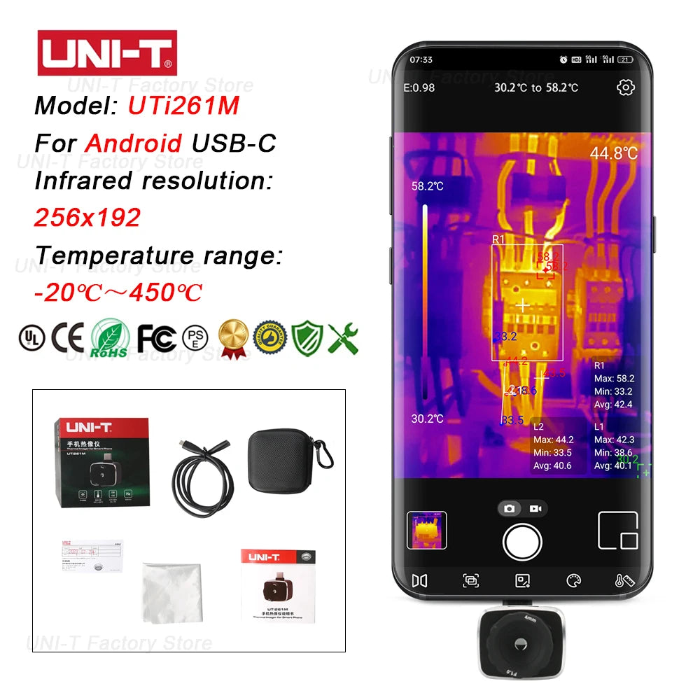 Cámara Térmica UNI-T (UTi120Mobile/UTi120MS/UTi256M/UTi260M/UTi261M) - Termógrafo Infrarrojo Móvil (No iPhone, Tipo C)
