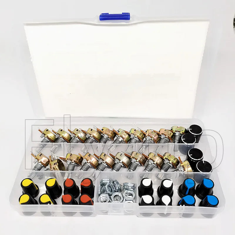 20sets /Box WH148 15MM Single Potentiometer Kit B5K/10K/20K/50K/100K With Knobs Set Shaft Nuts