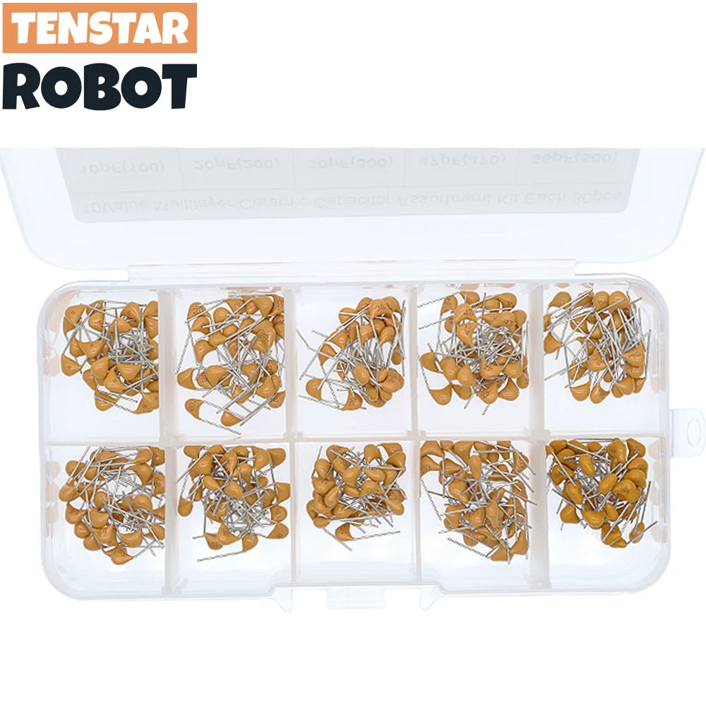 Kit Surtido Capacitor Cerámico Multicapa (10pF-100nF, 50V, 10 Valores x 30 Unidades) - Pack 300 Piezas
