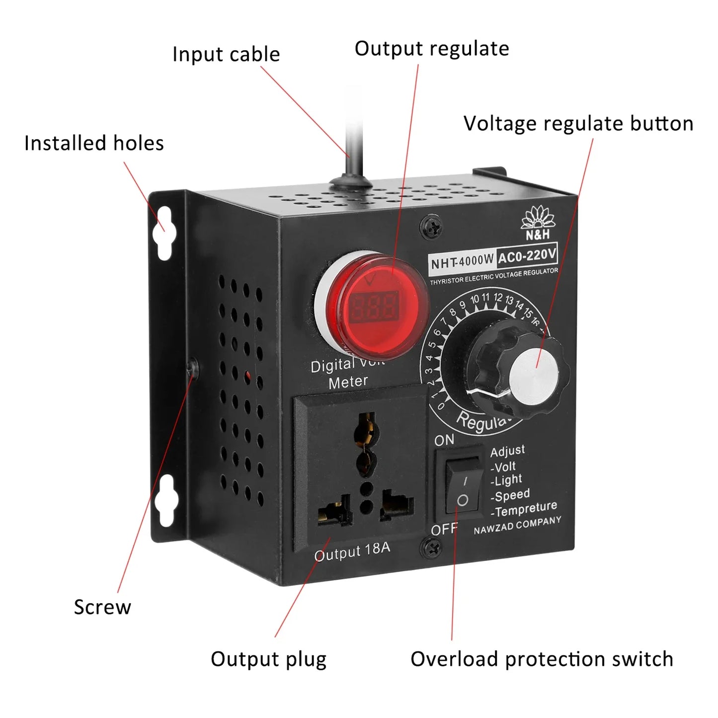 Regulador Voltaje AC 220V 4000W SCR Dimmer Ajustable Velocidad/Temperatura/Luz Compacto