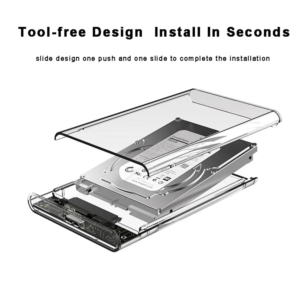 Carcasa Externa USB 3.0/Tipo C para Disco Duro HDD/SSD SATA 2.5" (UASP, Transparente, Portátil, Tool-Free)