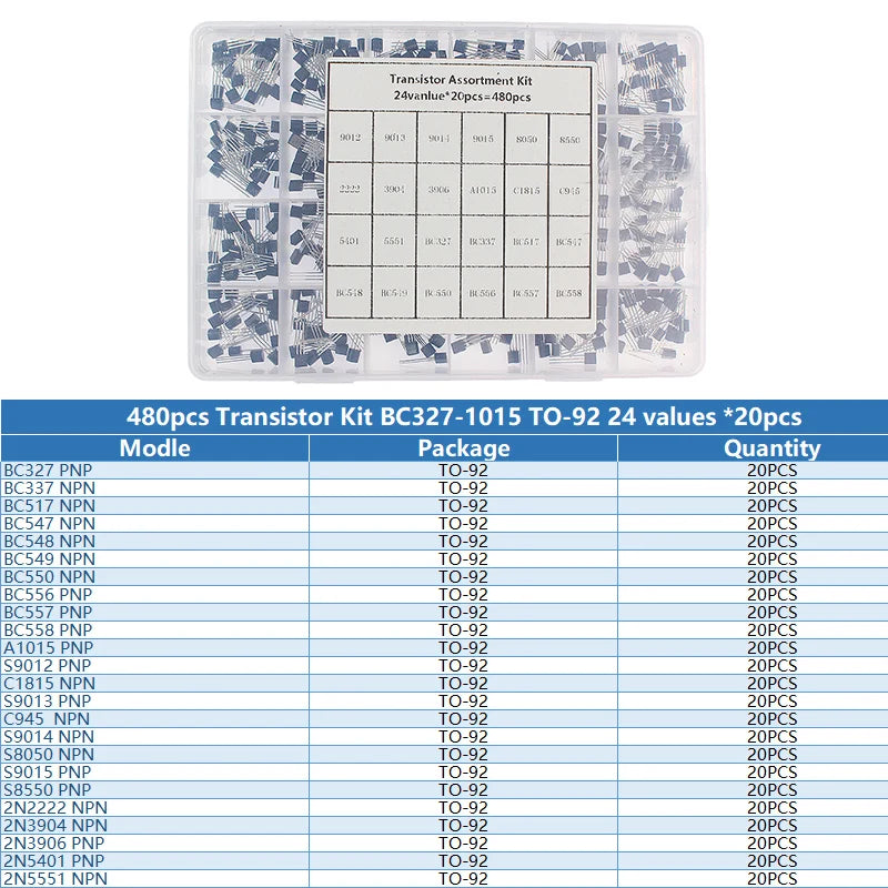 Kit Surtido Transistores BJT TO-92 NPN/PNP (A1015, BCxxx, S8xxx, 2Nxxxx) - 50-900 Piezas