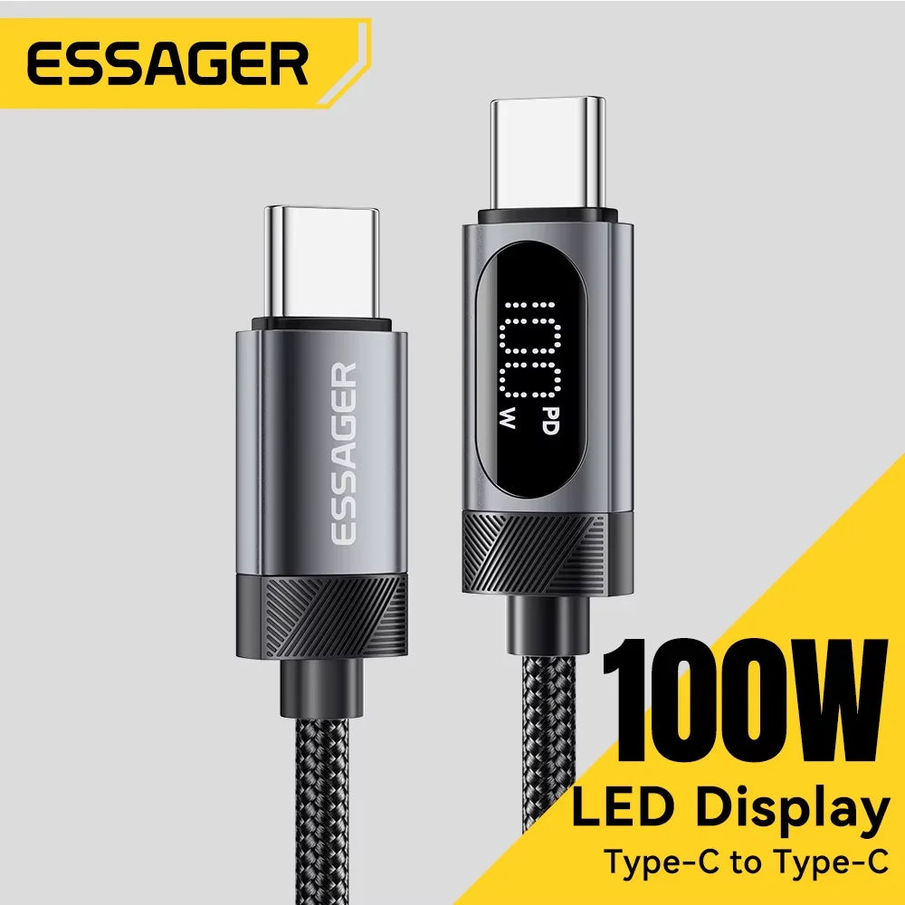 Cable Essager USB-C a Tipo C PD 100W Carga Rápida con Pantalla Digital para iPhone 15/16/Xiaomi/Huawei/Macbook/iPad