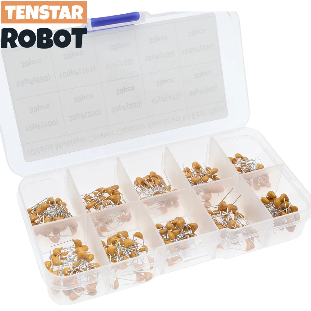 Kit Surtido Capacitor Cerámico Multicapa (10pF-100nF, 50V, 10 Valores x 30 Unidades) - Pack 300 Piezas
