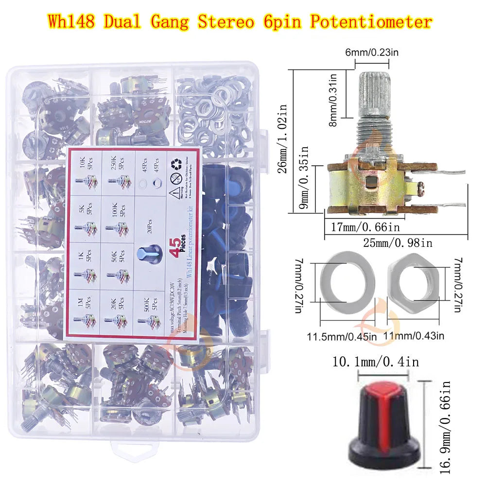 Wh148 Single Dual Potentiometer Mix Kit 3Pin 5Pin 6Pin Switch Audio Shaft Amplifier Sealing B1K 2K 5K10K 20K 50K 100K 250K 500K1