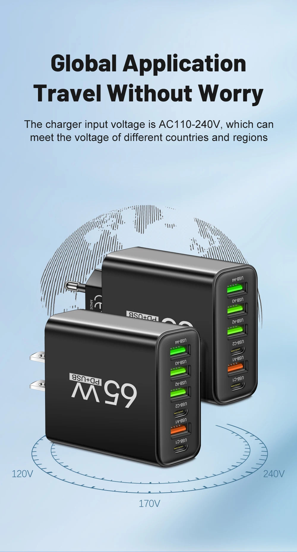 Cargador Pared Rápido USB-C 65W (6 Puertos) para iPhone 14/15 Pro Max, Samsung S23, Xiaomi 14