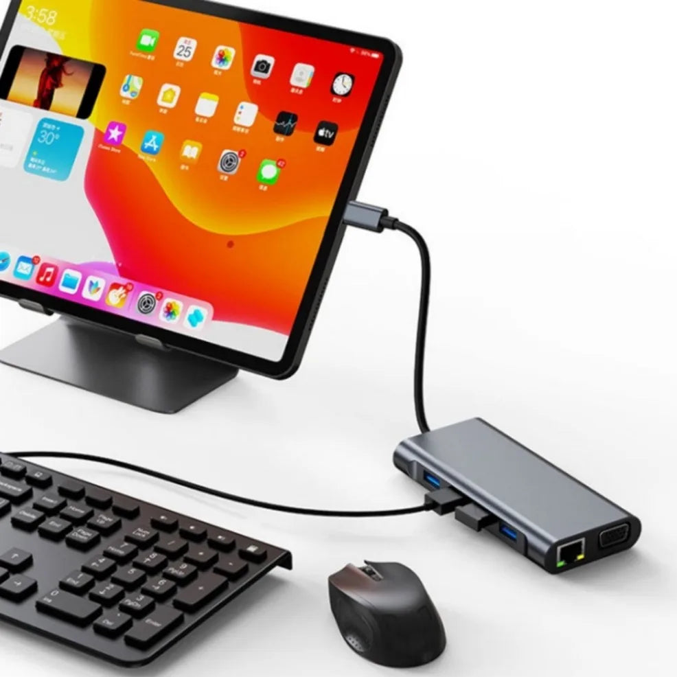 Hub USB-C Docking Station 11-en-1 Tipo-C a HDMI 4K, VGA, RJ45, PD 100W, USB para PC Accesorios Computador