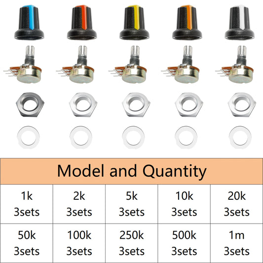 Kit Surtido Potenciómetros Variables WH148 (1K/10K/50K/500K/1M Ohm) con Tuercas y Arandelas (30 Sets)