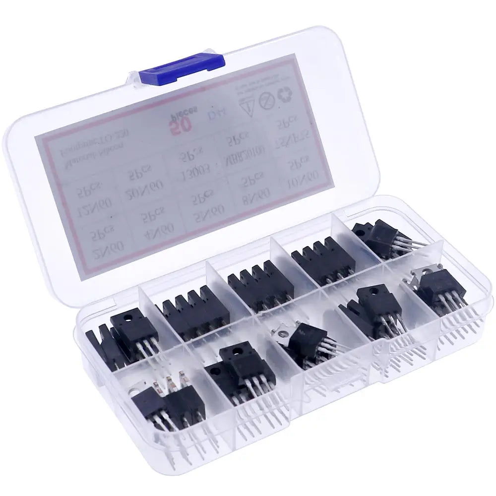 Kit Surtido Transistores/Diodos TO-220 - 10 Tipos (MOSFETs N-Ch, BJT, Schottky) en Caja (Total 50 Piezas)
