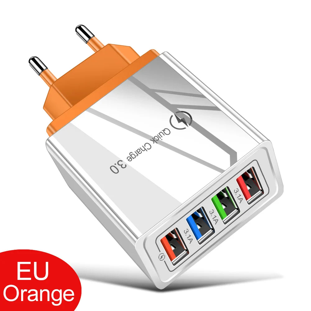 Cargador Pared USB 4 Puertos Quick Charge 3.0 Carga Rápida para iPhone 15/14/Samsung/Xiaomi (Enchufe EU/US)