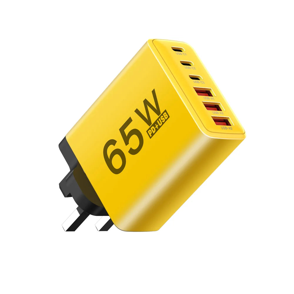 Cargador Pared USB C Múltiple 6 Puertos 65W Carga Rápida Total PD Adaptador Móvil para iPhone 15/16 Pro/Xiaomi/Samsung