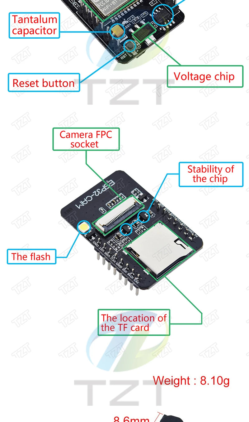 Placa Desarrollo DIYTZT ESP32 (ESP-32/ESP-32S/ESP32-CAM/ESP-WROOM-32) WiFi + Bluetooth Doble Núcleo Bajo Consumo