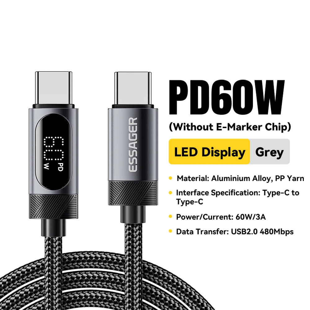 Cable Essager USB-C a Tipo C PD 100W Carga Rápida con Pantalla Digital para iPhone 15/16/Xiaomi/Huawei/Macbook/iPad