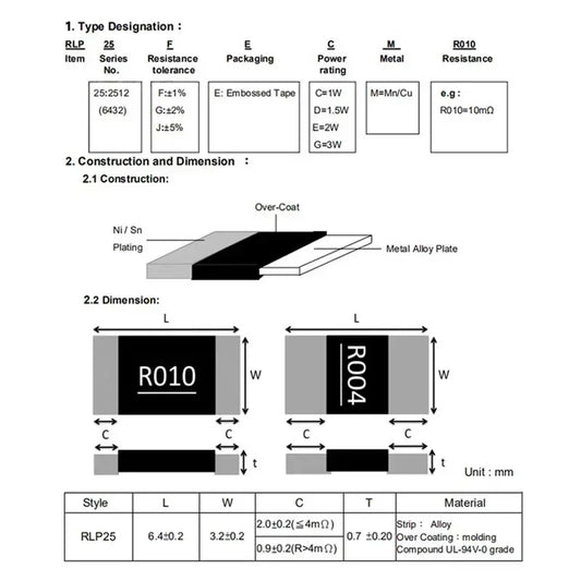 Resistencia SMD Aleación 2512 (2W, 1%, R001-R150) (10 Unidades)