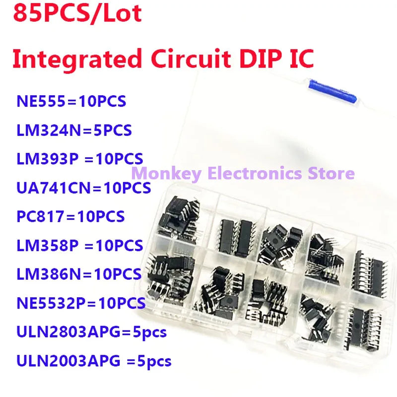 Kit Circuitos Integrados IC (DIP) NE555/LM324/LM358/ULN2803 (10 Tipos, Temporizador Precisión) DIY Electrónico (85 Piezas)