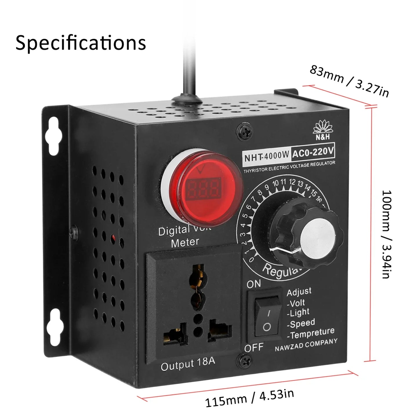 Regulador Voltaje AC 220V 4000W SCR Dimmer Ajustable Velocidad/Temperatura/Luz Compacto