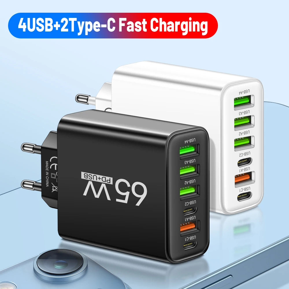 Cargador Pared Rápido USB-C 65W (6 Puertos) para iPhone 14/15 Pro Max, Samsung S23, Xiaomi 14