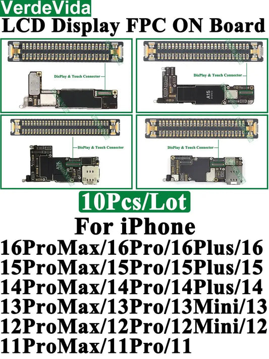 Conector FPC Pantalla LCD / Táctil en Placa Base para iPhone X/XS/XR/11/12/13/14/15/16 Pro Max/Plus (10 Unidades)