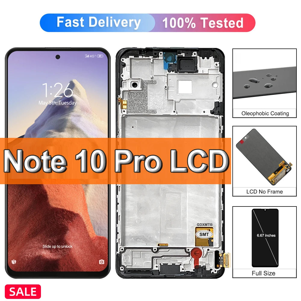 6.67" AMOLED for Xiaomi Redmi Note 10 Pro LCD Display Touch Screen For Redmi Note10Pro M2101K6G LCD Display Replace, with Frame