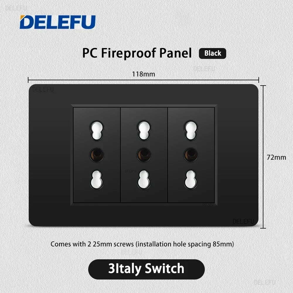 Enchufe Pared Delefu Italia/Chile PC Negro USB-C Carga Rápida + Schuko + Switch Smart Tuya WiFi + SAT/TV/TEL/Timbre