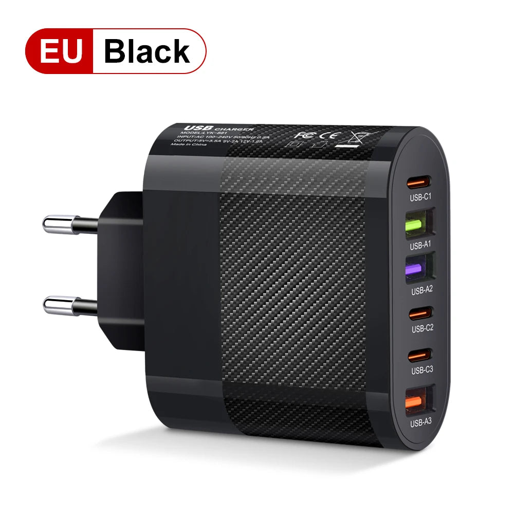 Cargador Pared USB C Múltiple 6 Puertos 65W Carga Rápida PD Adaptador Móvil para iPhone 14/15 Pro/Xiaomi/Samsung/Oneplus