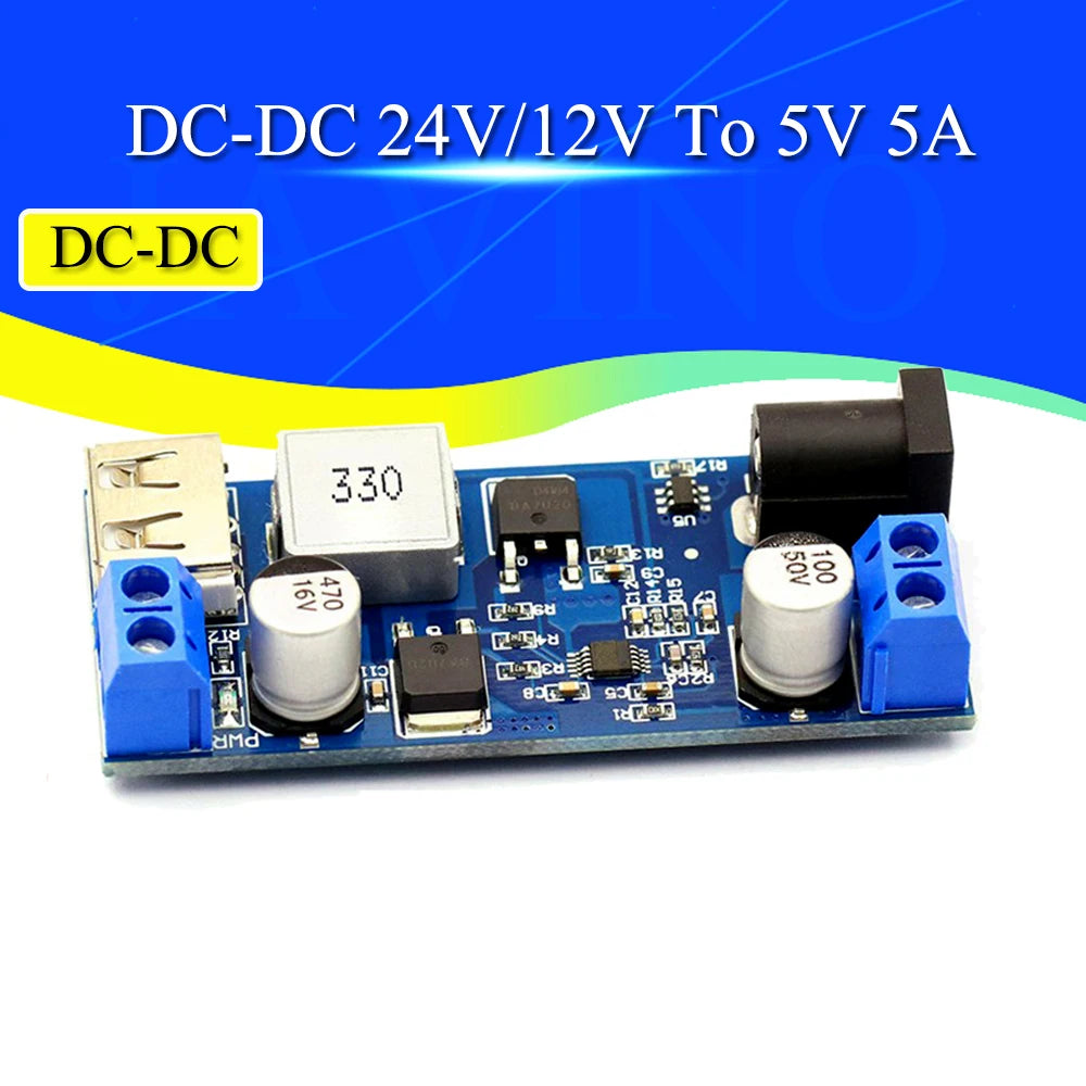 Módulo Convertidor Buck DC-DC 24V/12V a 5V 5A Step-Down Carga USB (Reemplazo LM2596S)