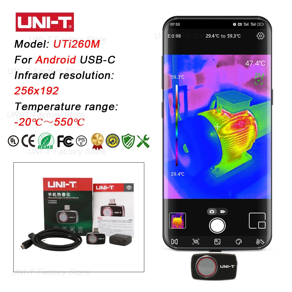 Cámara Térmica UNI-T (UTi120Mobile/UTi120MS/UTi256M/UTi260M/UTi261M) - Termógrafo Infrarrojo Móvil (No iPhone, Tipo C)