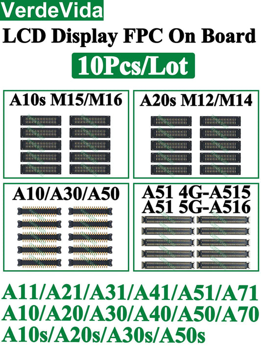 Conector FPC Pantalla LCD en Placa para Samsung Galaxy A10/A20/A21/A30S/A40/A50/A51/A70S / M12/M14/M15/M16 (10 Unidades)