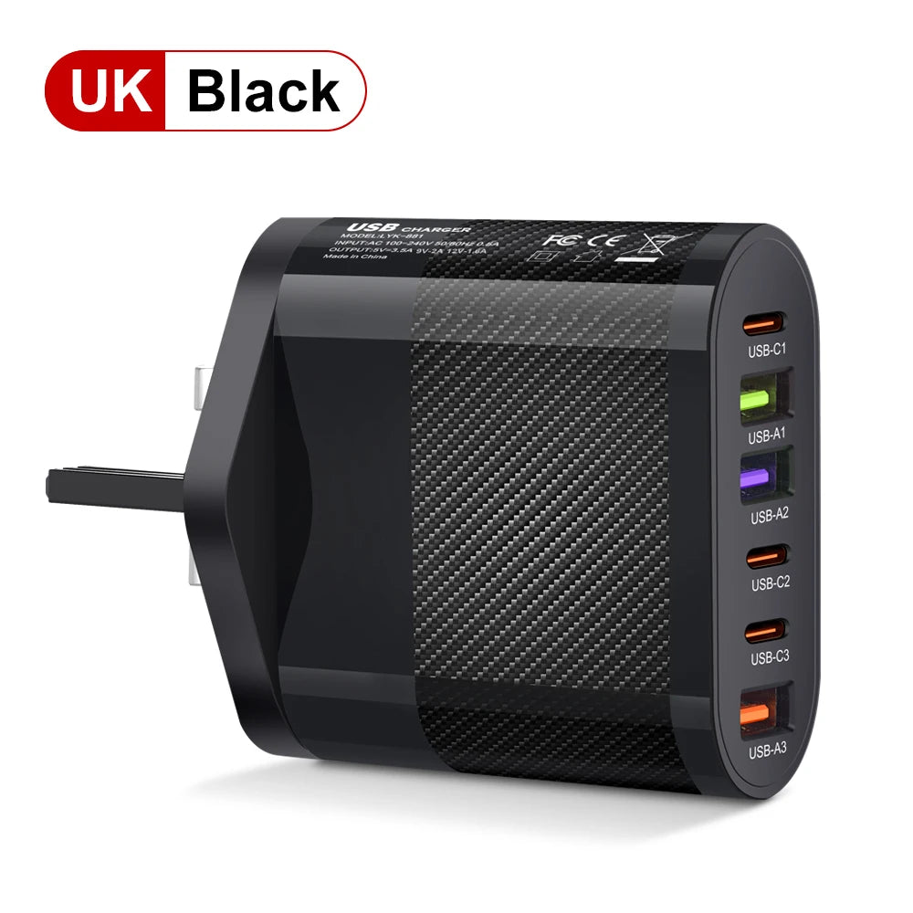 Cargador Pared USB C Múltiple 6 Puertos 65W Carga Rápida PD Adaptador Móvil para iPhone 14/15 Pro/Xiaomi/Samsung/Oneplus