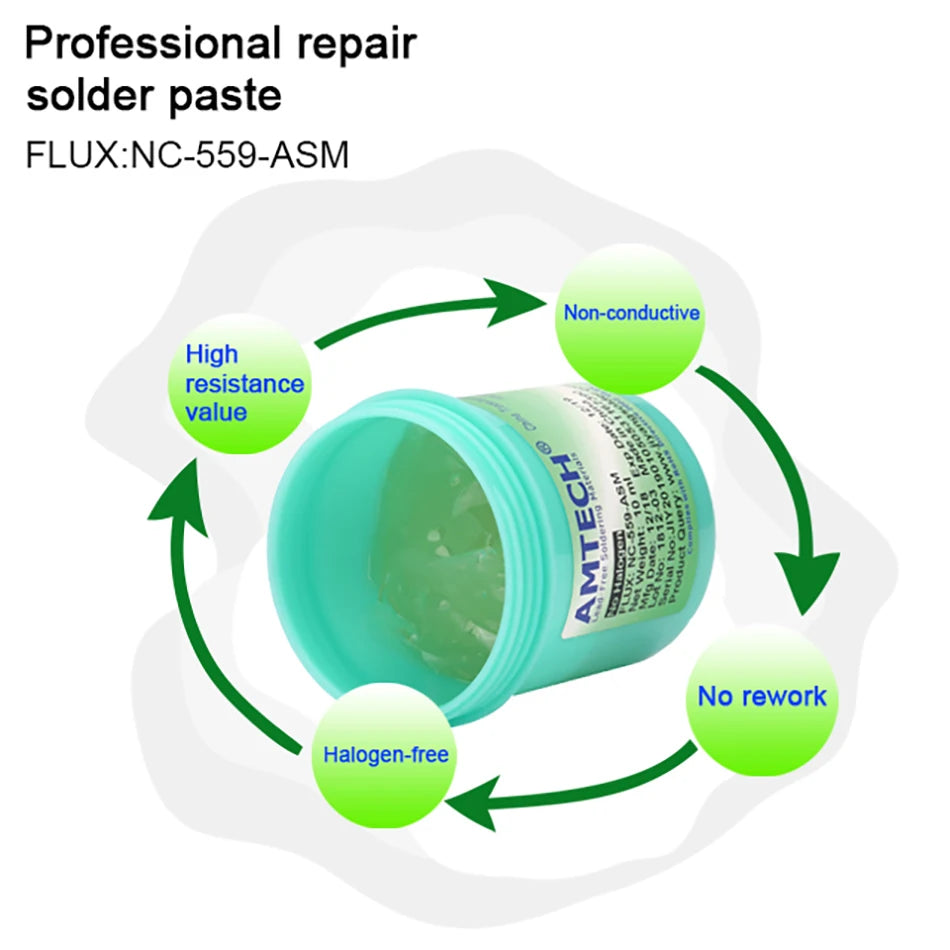 Flux Pasta Soldar Amtech NC-559-ASM / NC-559 (100g) No Clean para SMD/BGA Rework Station Suministros Soldadura