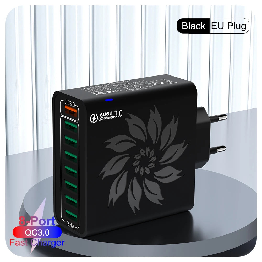Cargador Rápido USB 8 Puertos QC5.0 120W Adaptador Corriente Enchufe EU/US/KR para iPhone 13/14/15/Xiaomi/Samsung