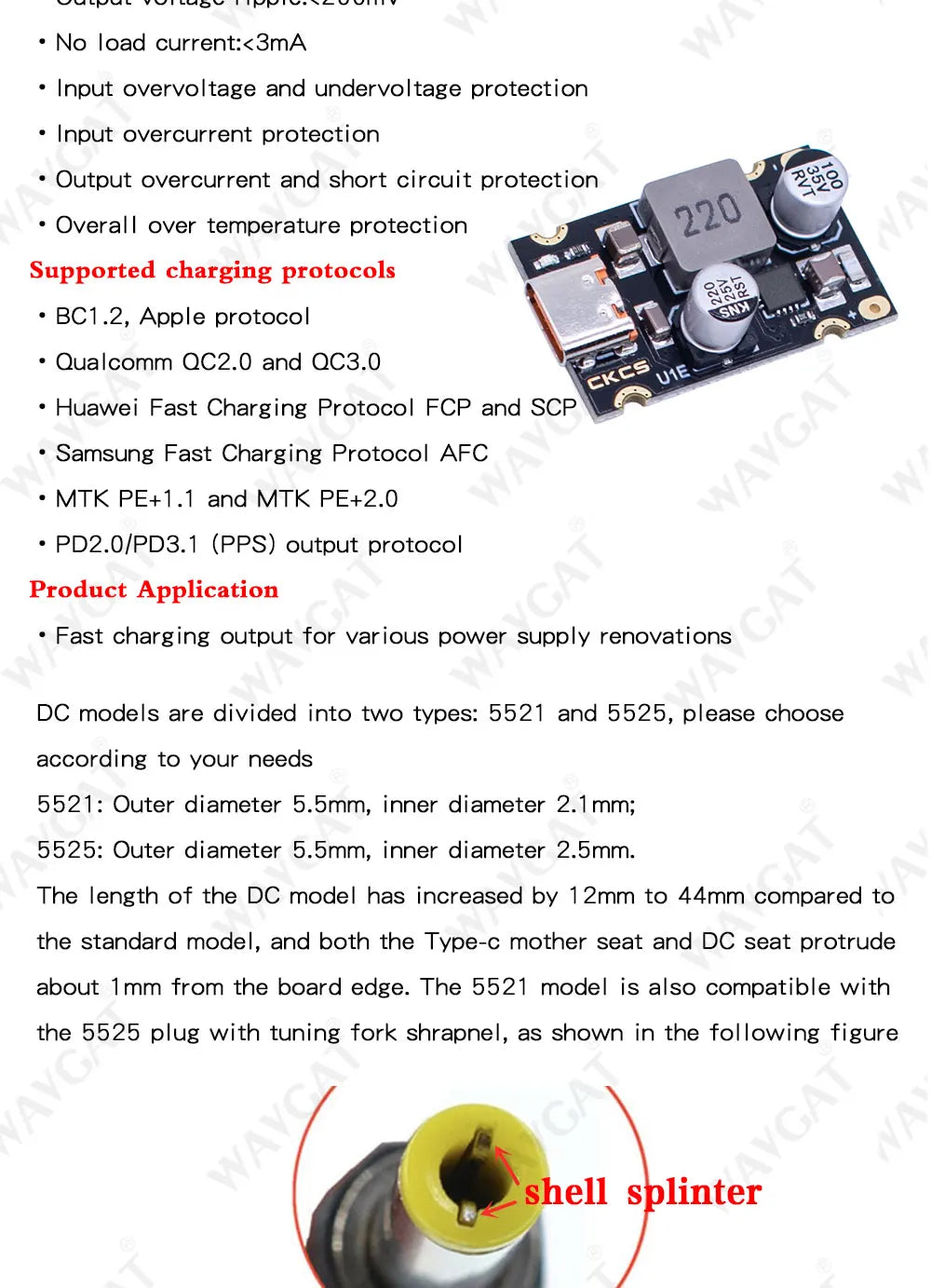 Módulo Carga Rápida CKCS PD 65W USB-C Soporta Apple PD3.1/PPS/QC3.0/Huawei SCP