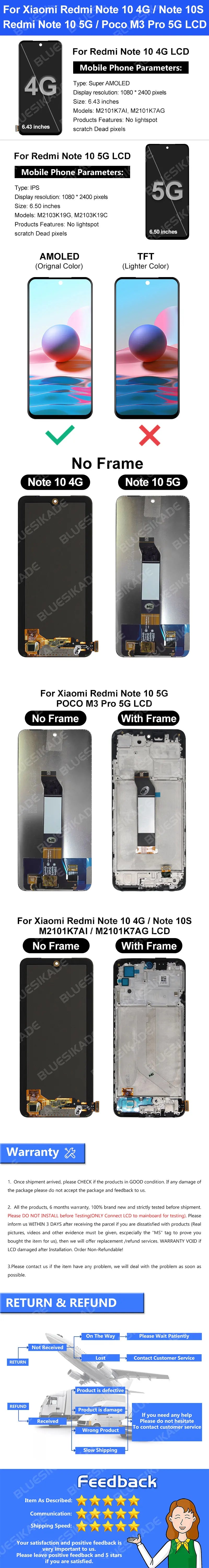 AMOLED For Xiaomi Redmi Note 10 4G Display Note 10S LCD M2101K7AI Touch Screen Digitize For Redmi Note 10 5G Display POCO M3 Pro