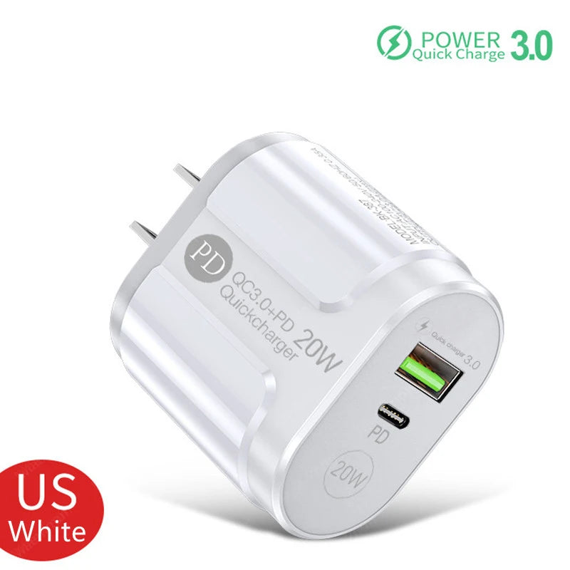 Cargador USB Doble Puerto (Quick Charge 3.0, PD 20W Tipo C) Adaptador Carga Rápida para iPhone 13/12Pro/Huawei/Xiaomi/Samsung