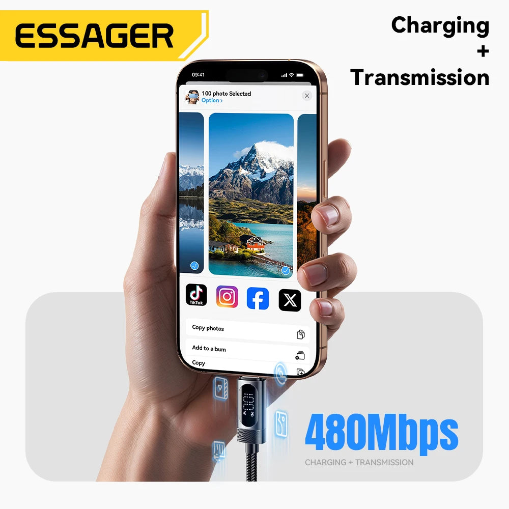 Cable Essager USB-C a Tipo C PD 100W Carga Rápida con Pantalla Digital para iPhone 15/16/Xiaomi/Huawei/Macbook/iPad