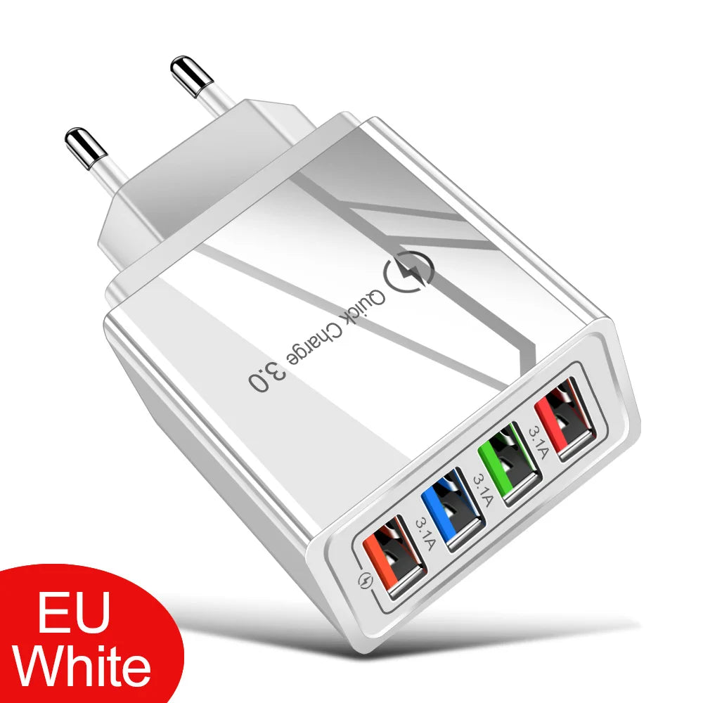 Cargador Pared USB 4 Puertos Quick Charge 3.0 Carga Rápida para iPhone 15/14/Samsung/Xiaomi (Enchufe EU/US)