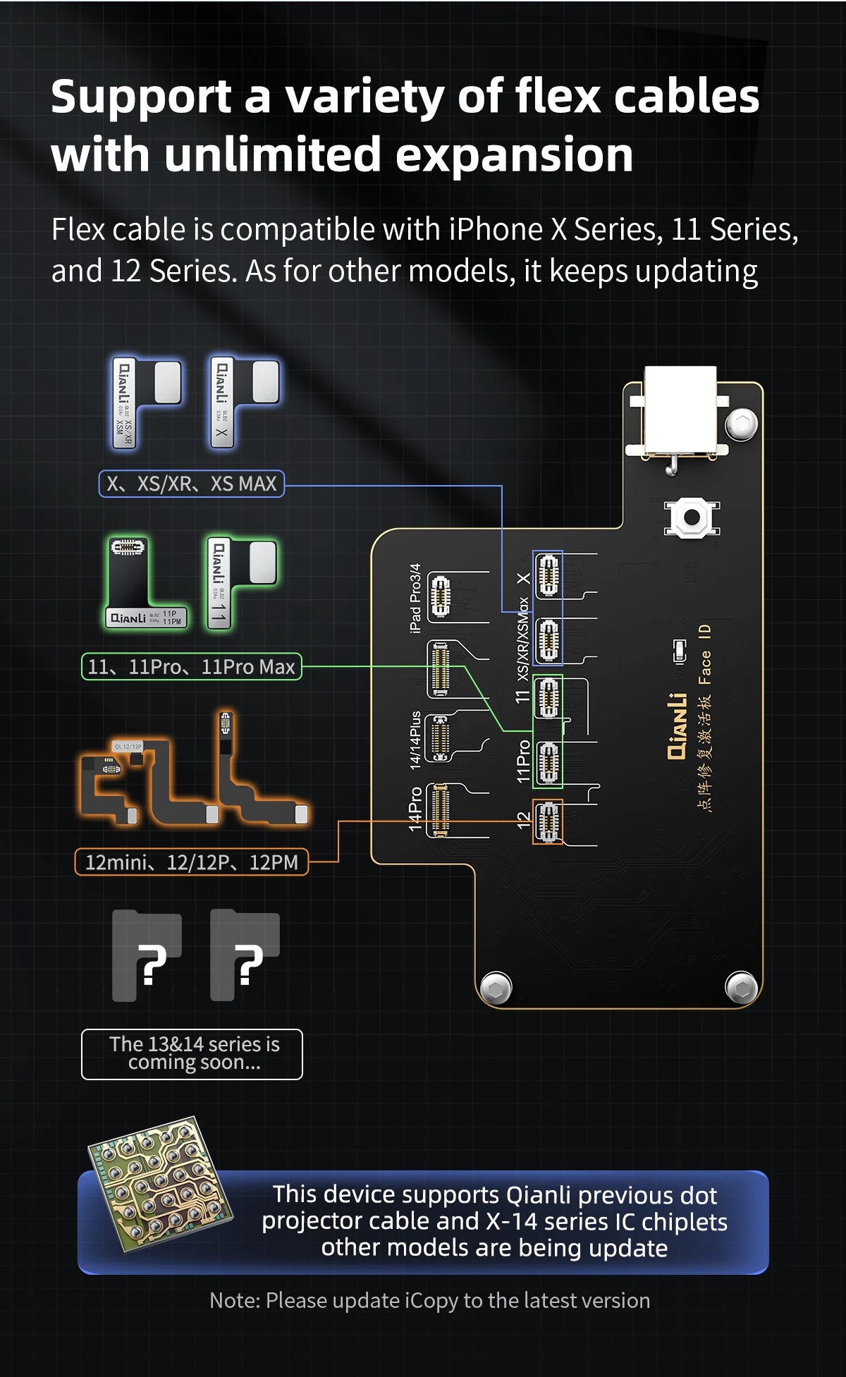 QIANLI iCopy Plus 2.2v 6in1 LCD Board 7to15pm Face ID Board Adaptor & Flex For X-14 PM Series Dot Matrix Recovery Battery 6to14