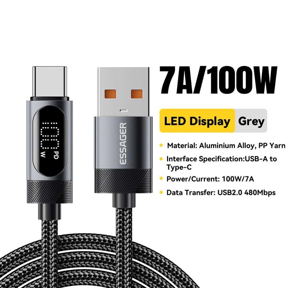 Cable Essager USB-C a Tipo C PD 100W Carga Rápida con Pantalla Digital para iPhone 15/16/Xiaomi/Huawei/Macbook/iPad