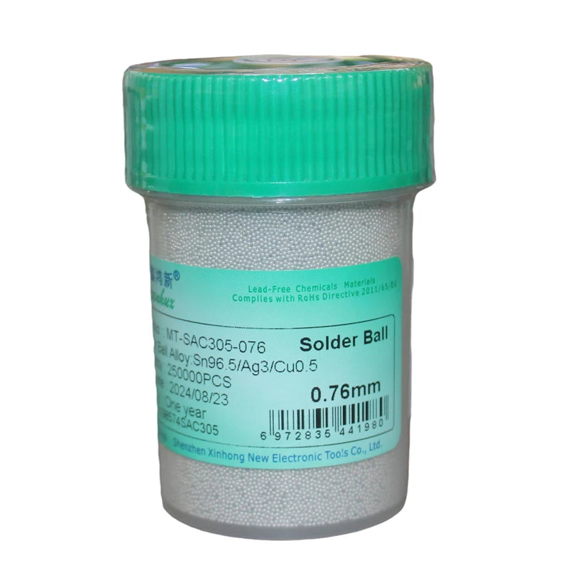 Perlas Bolas Soldadura BGA Sin Plomo (Sn96.5/Ag3/Cu0.5, 0.2-0.76mm) Estaño Plantado (250,000 Piezas / 25W Completo)