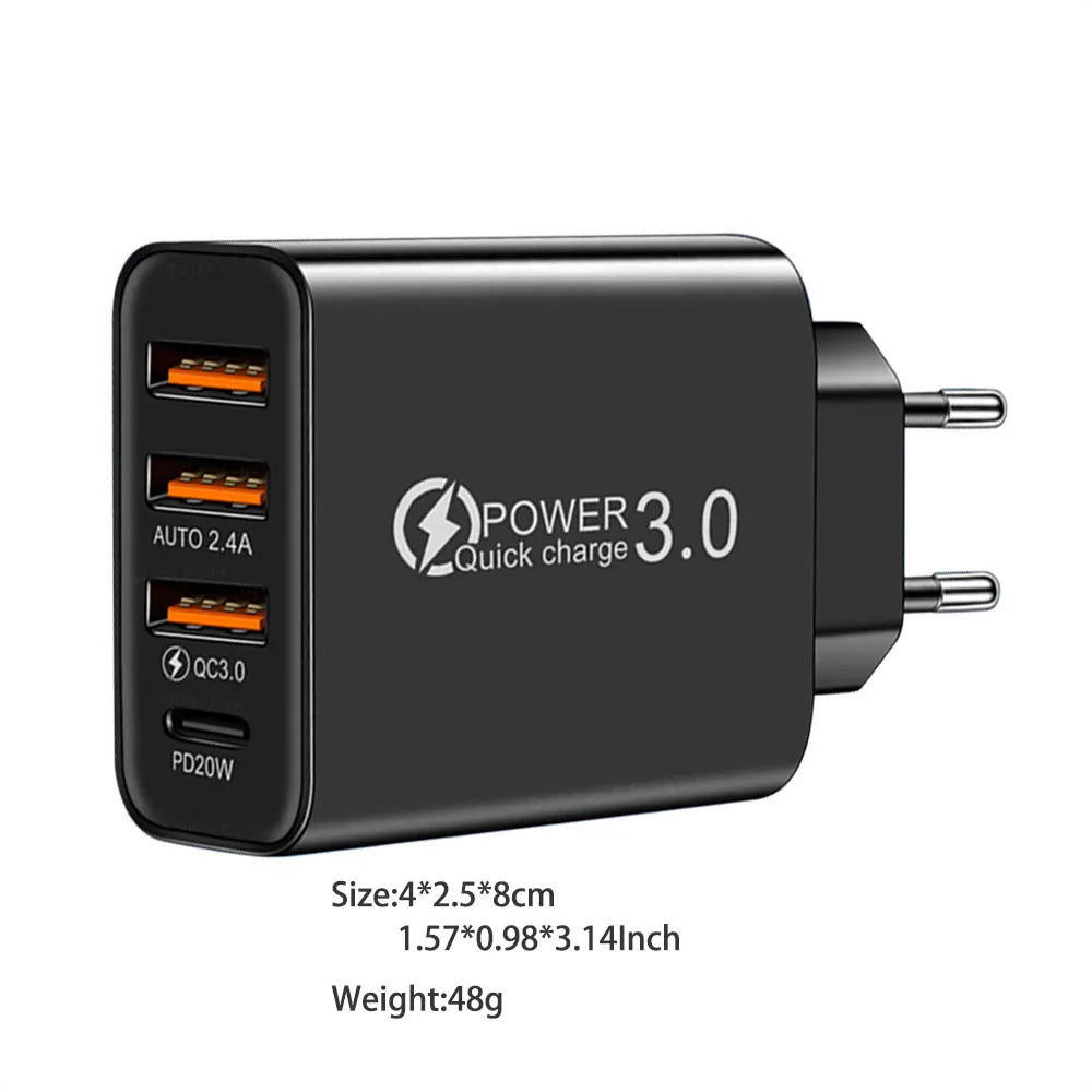 Cargador Rápido USB Tipo C 4 Puertos (QC 3.0, PD) Adaptador Corriente para Móvil iPhone/Samsung/Xiaomi (Negro)