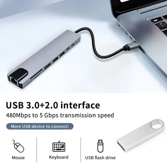 Hub USB-C 3.0 Dock Adaptador a HDMI 4K, RJ45, Carga PD, Lector Tarjetas SD/TF para MacBook Air/Pro/PC