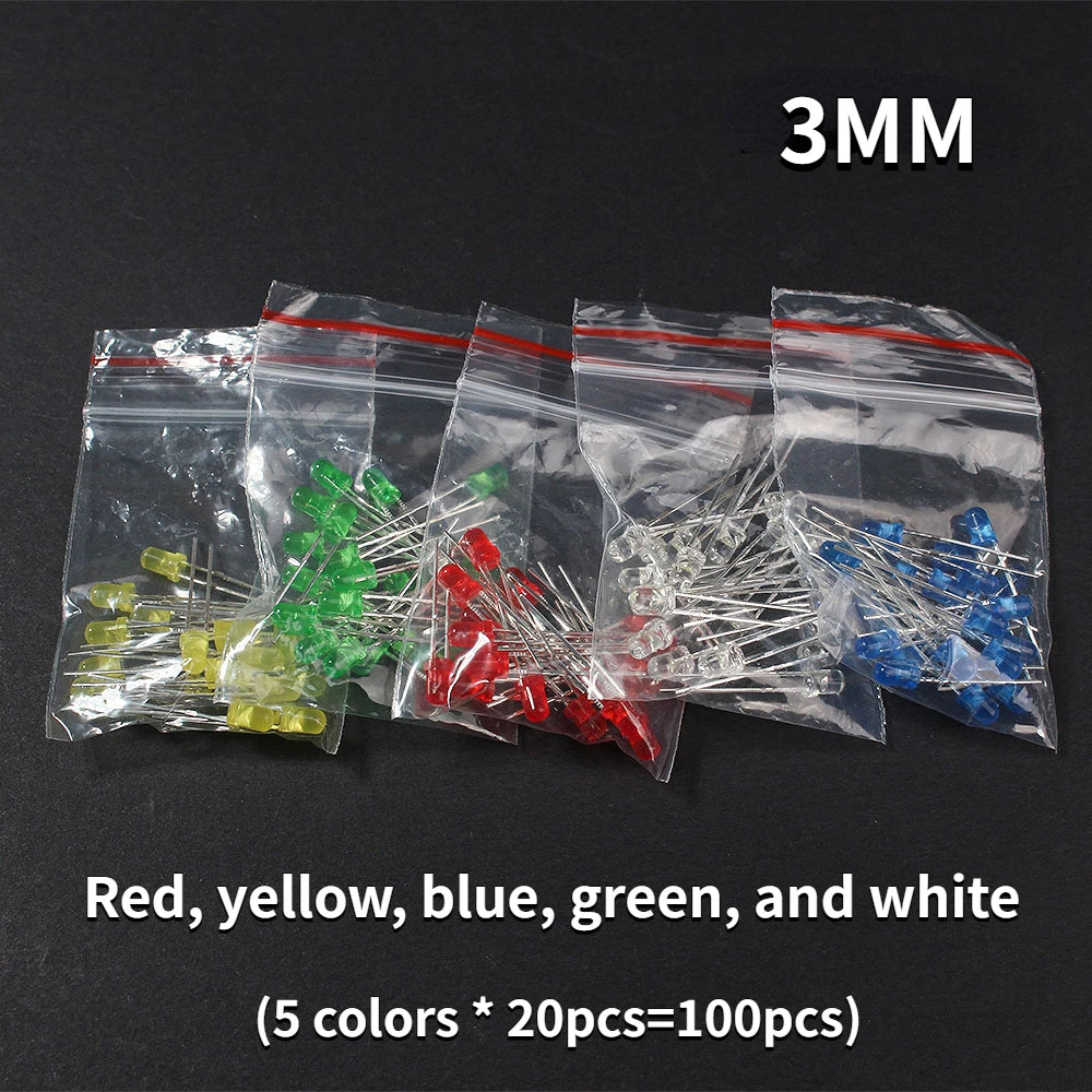 Kit Surtido Diodos LED (3mm/5mm/8mm/10mm, Rojo/Amarillo/Azul/Verde/Blanco) para DIY Electrónico (50/100 Unidades)