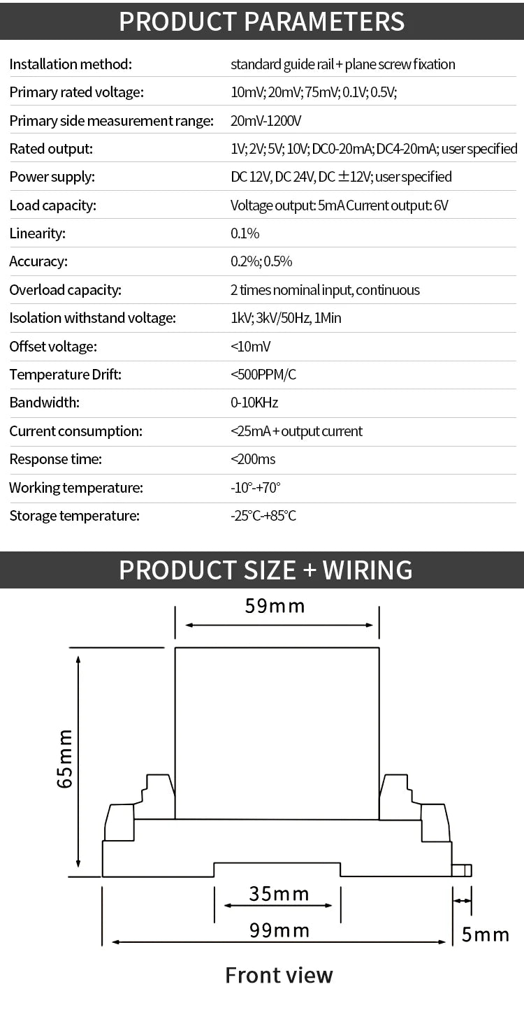Transductor Voltaje DC 0-100V/200V/500V a RS485/4-20mA/Relay / Sensor Voltaje AC DC24V
