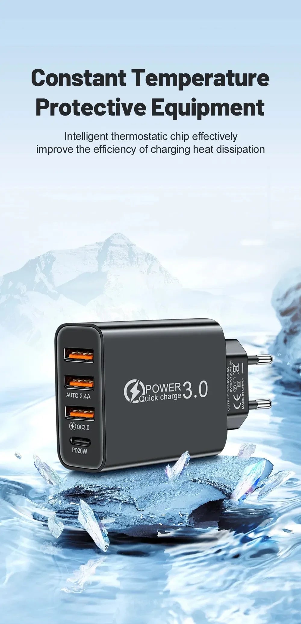 Cargador Pared Múltiple 4 Puertos USB (Total 60W) Carga Rápida PD Tipo C Adaptador Móvil para Xiaomi/iPhone 14/15/Samsung S24