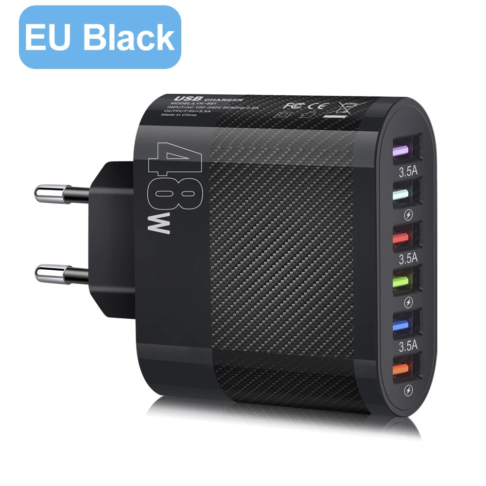 Cargador Pared Rápido USB 6 Puertos (6 en 1) Adaptador Carga para Samsung S22/S23, Xiaomi
