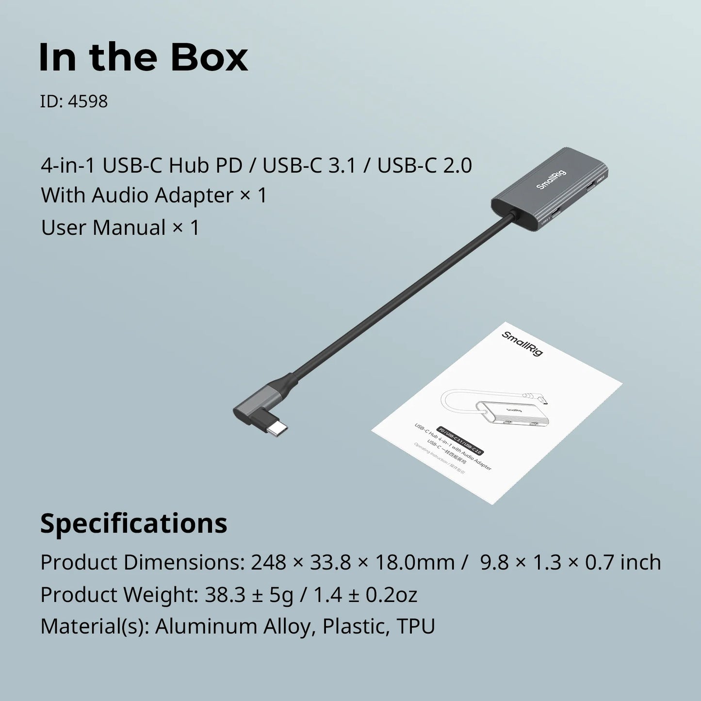 Hub USB-C 4-en-1 SmallRig PD 100W USB-C 3.1 + USB-C 2.0 + Adaptador Audio para Grabación Video Profesional Celular (4598)