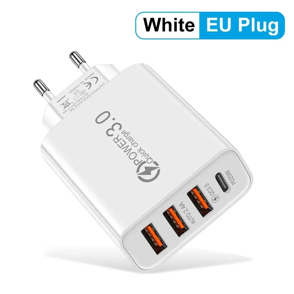 Cargador Pared Múltiple 4 Puertos USB (Total 60W) Carga Rápida PD Tipo C Adaptador Móvil para Xiaomi/iPhone 14/15/Samsung S24