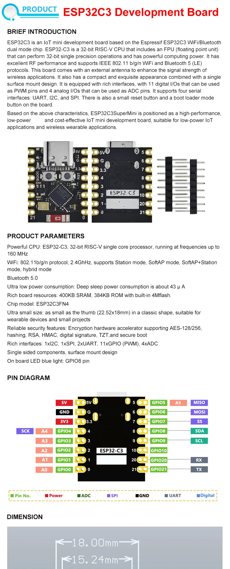 Placa Desarrollo ESP32-C3 SuperMini WiFi Bluetooth para Arduino (1-10 Unidades)
