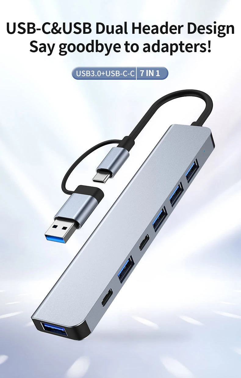 Hub Extensor USB-C a USB 3.0 Aluminio 7 en 1 (1x USB 3.0, 4x USB 2.0, 2x USB-C) Distribuidor USB